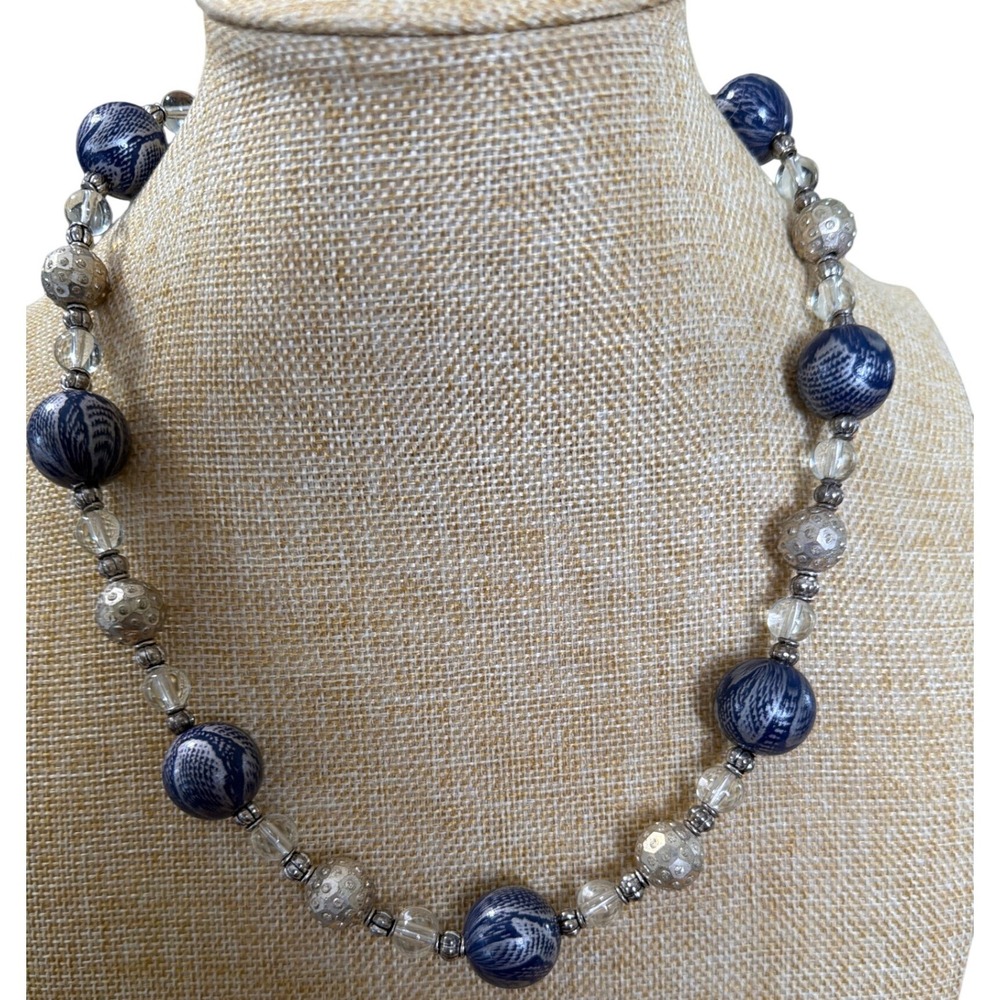 Blue and Silver Patterned Beaded Statement Necklace‎ Hook Clasp